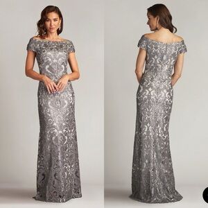 Tadashi Shoji NWT Gray Silver Walsh Sequin Embroidered Tulle Formal Gown - 8
